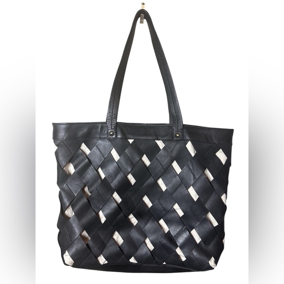 Black Leather and Canvas Woven Tote Bag Medium Career Classic Capsule - Picture 2 of 9